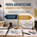 Atelier de préparation en architecture avec maquette, dessins et matériel de projet architectural.