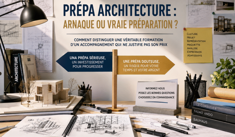 Atelier de préparation en architecture avec maquette, dessins et matériel de projet architectural.